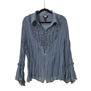 Flare Sleeve Crinkle Ruffle Drape Blue Blouse Top 18 Silky Ethereal Bohemian Fem